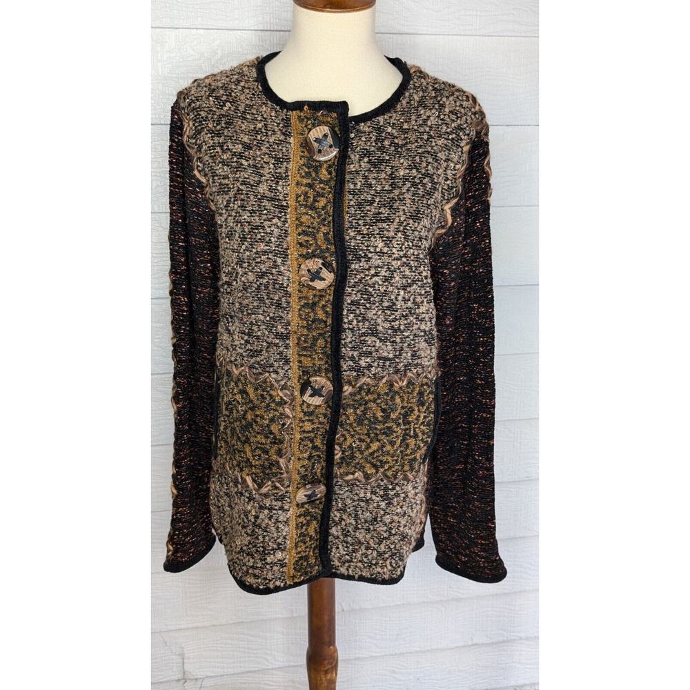Curio‎ Y2K Brown Patchwork Knit Button-Up Cardigan Sweater Womens L Vintage